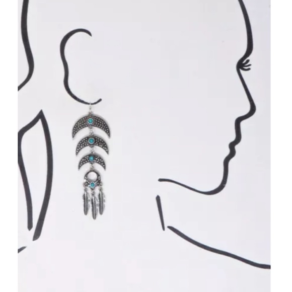 SOLD OUT Triple Crescent Feather Turquoise Stone Earrings - Picture 3 of 3